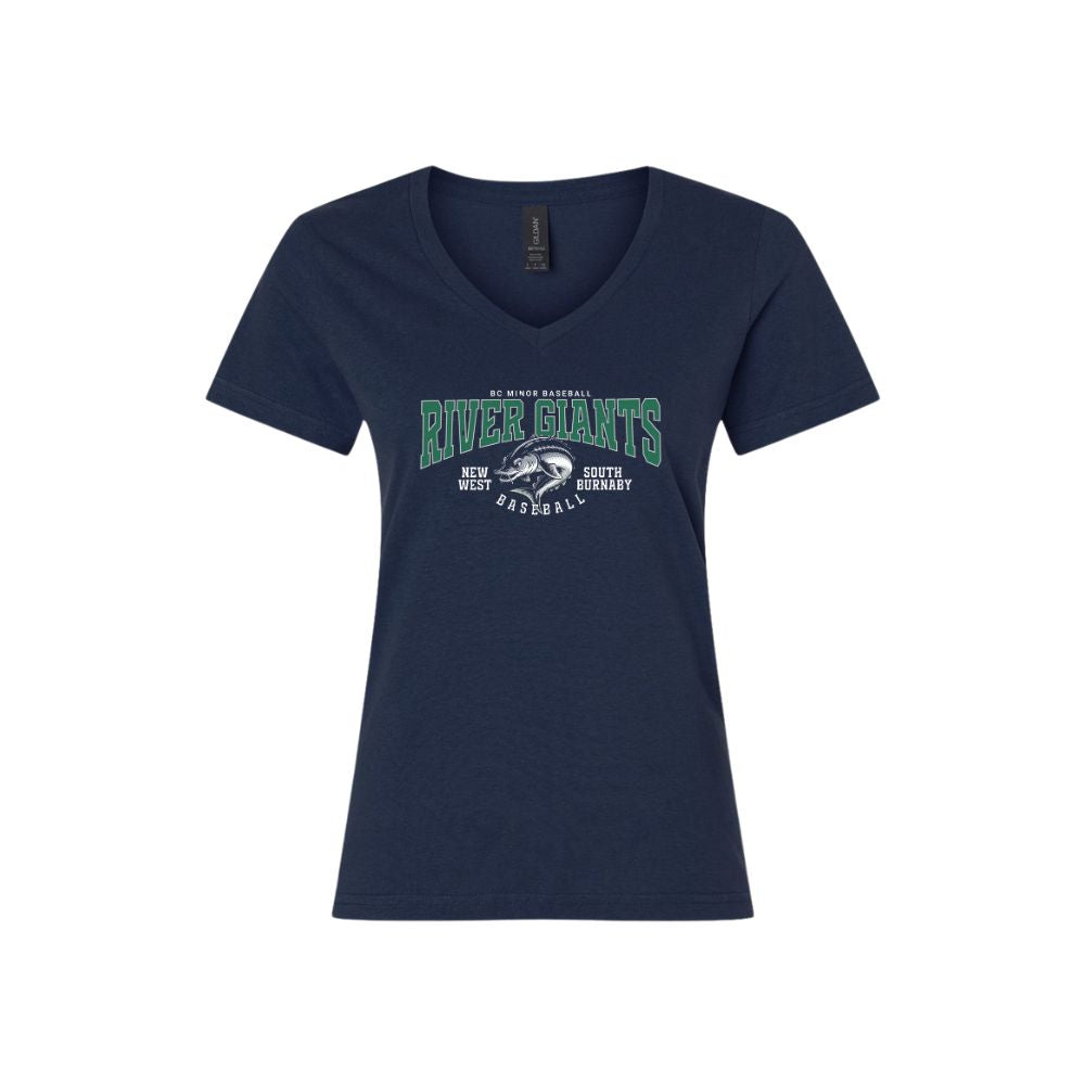 River Giants Full Front Sturgeon Logo Gildan 64V00L Ladies V-Neck Tshirt