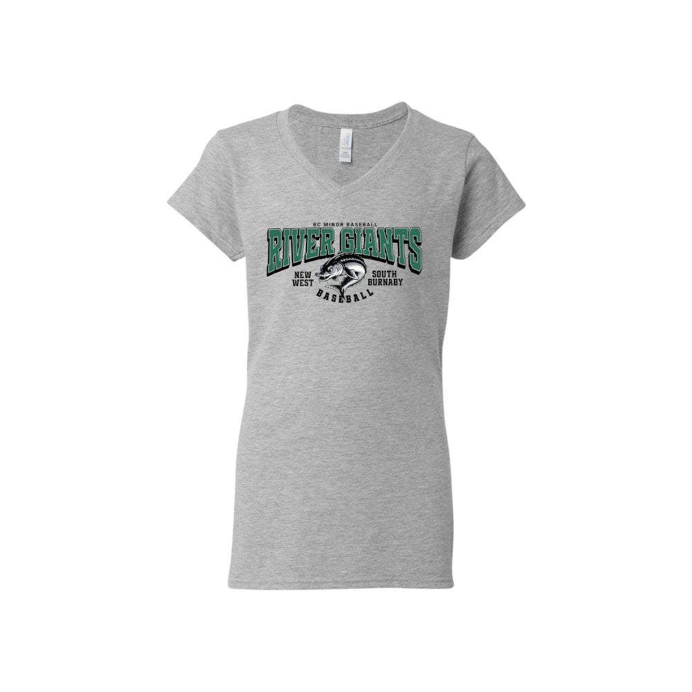 River Giants Full Front Sturgeon Logo Gildan 64V00L Ladies V-Neck Tshirt