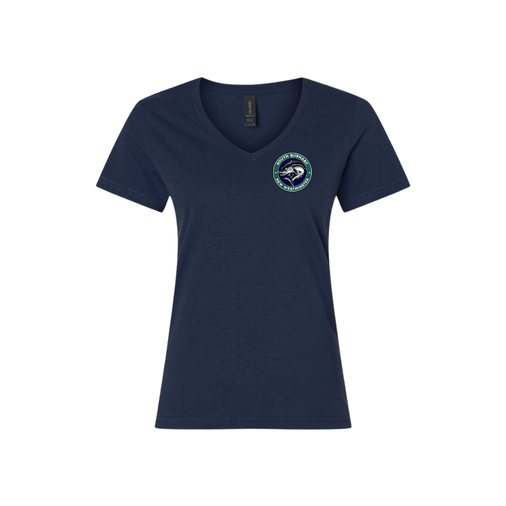 River Giants Left Chest Sturgeon Logo Gildan 64V00L Ladies V-Neck Tshirt