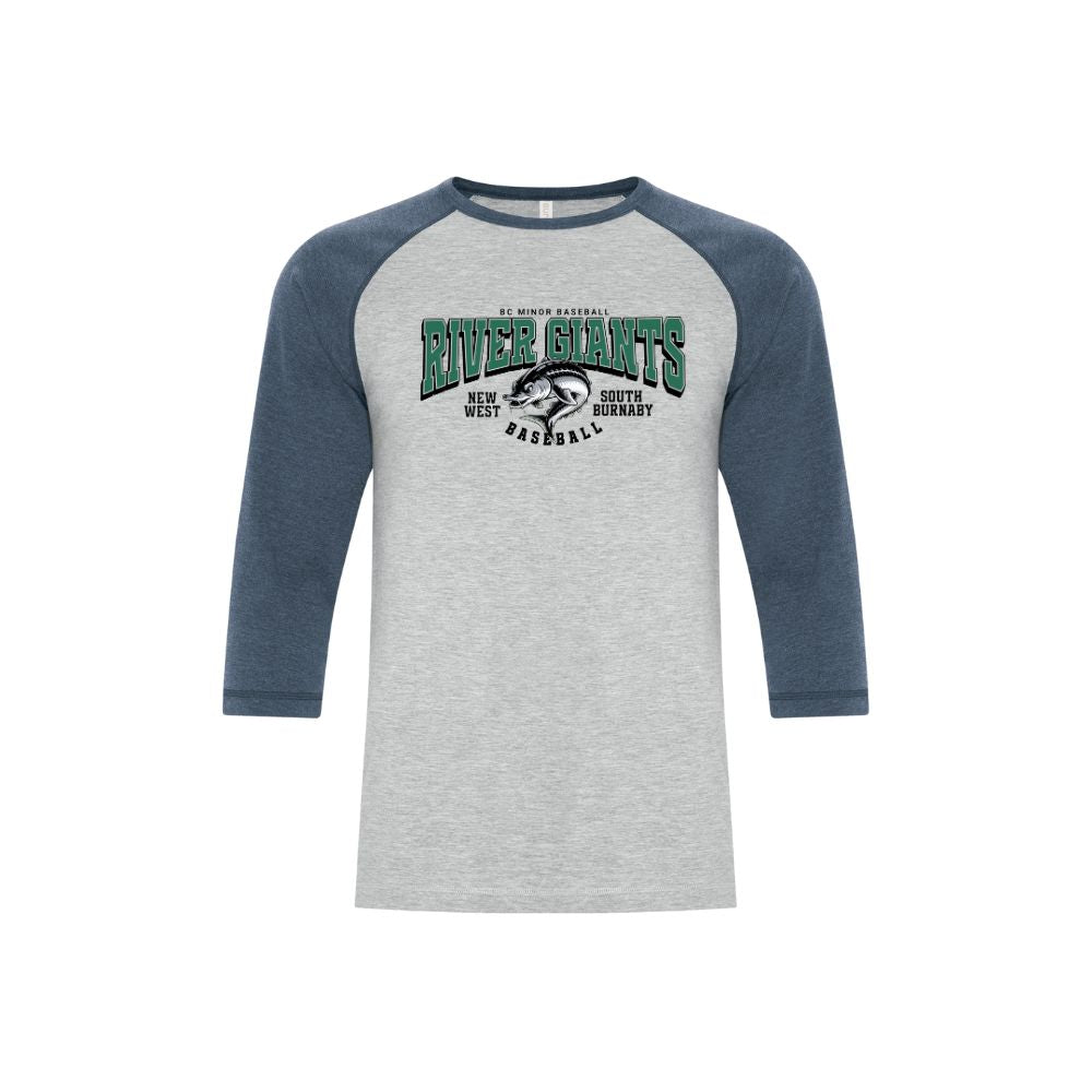 River Giants Full Front Sturgeon Logo Baseball Tshirt - Adult